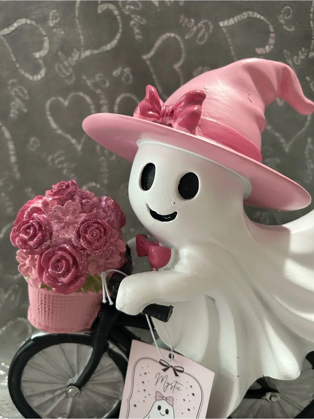 NWT Mystic Blush Ghost Wearing a Pink Witch Hat on Bike Halloween Tabletop Decor
